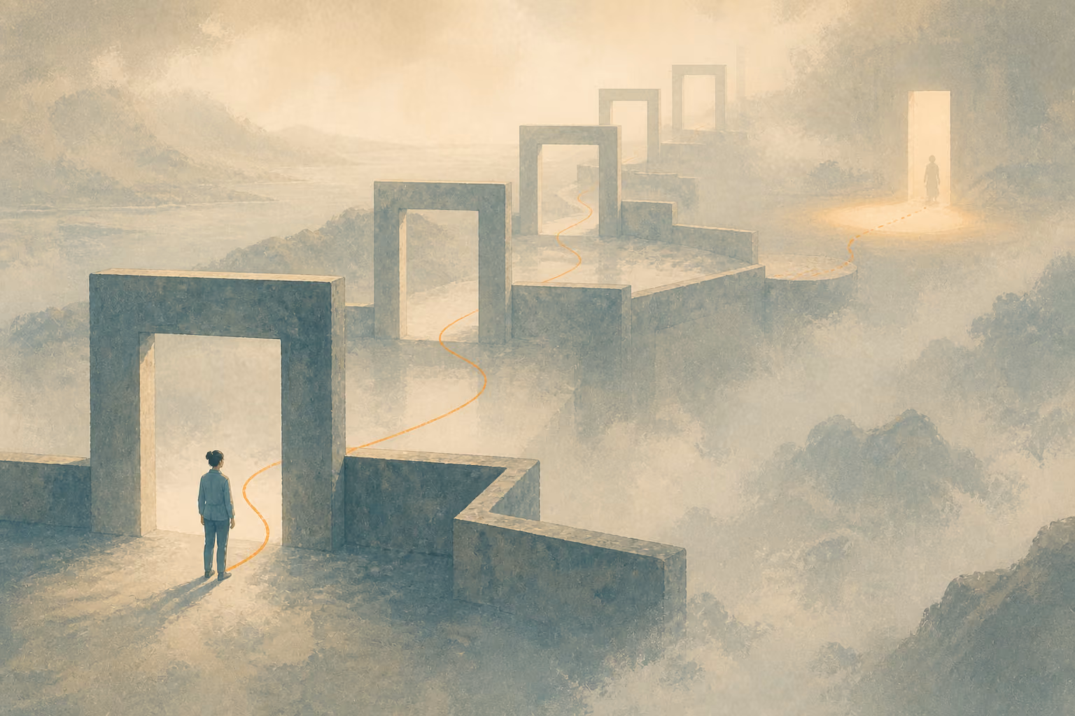 A small figure follows an orange path through a series of thresholds towards a distant handover.