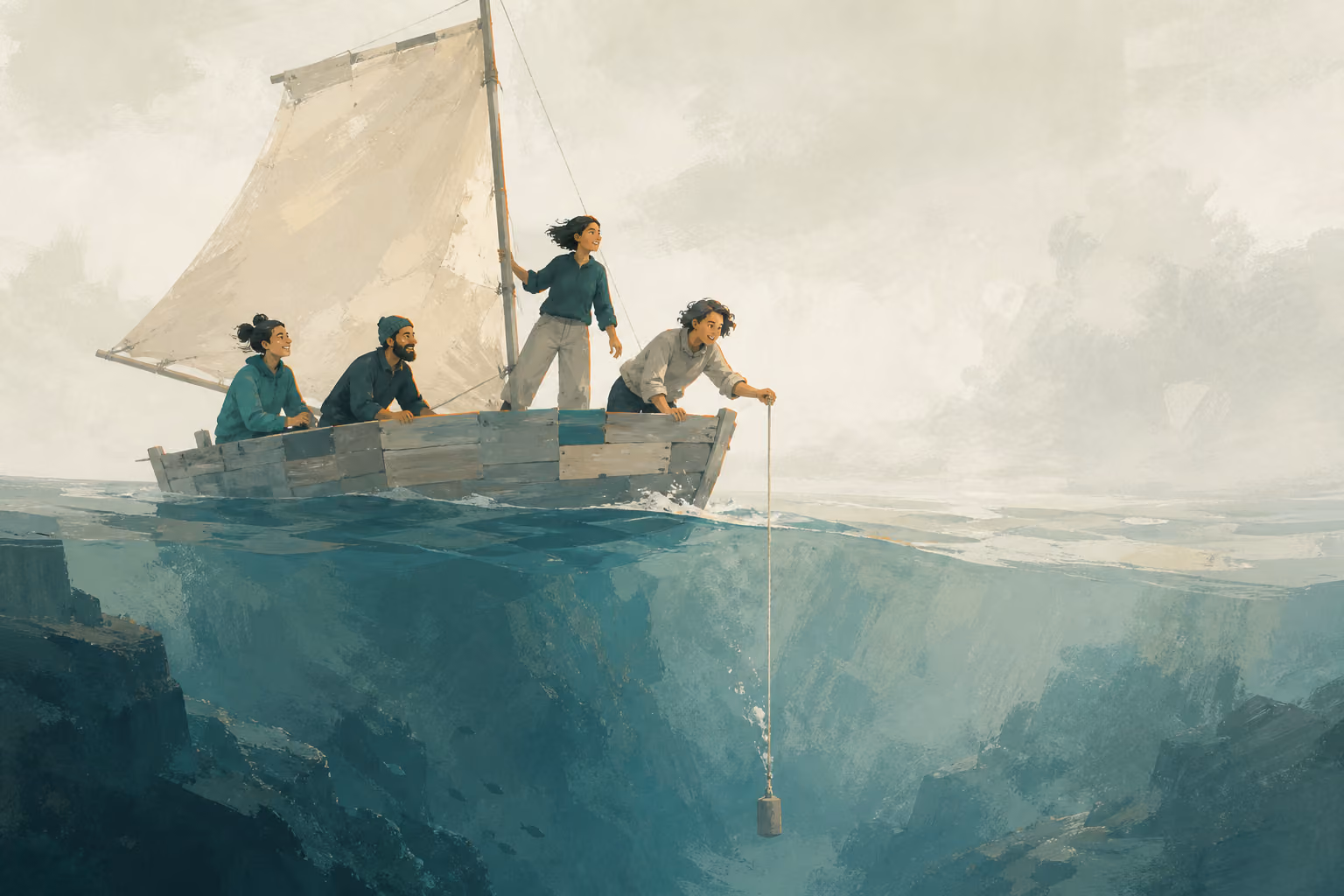 Four people sail a rough sea while a weighted line probes the unseen depth below them.