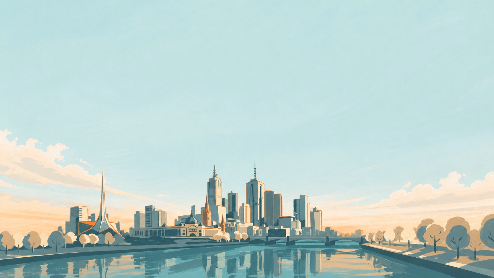 A painterly view of the Melbourne skyline across the Yarra, with the Arts Centre spire, Flinders Street and the city reflected in the river.