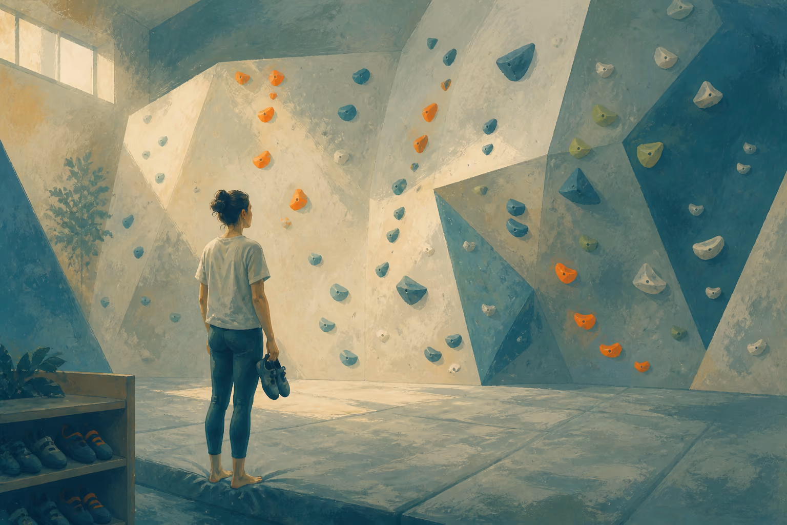 A newcomer holding rental climbing shoes studies several routes across a sunlit indoor bouldering wall.